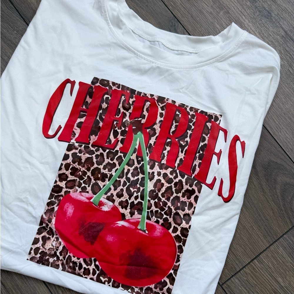 SHEIN White Tee with Red Cherry Print